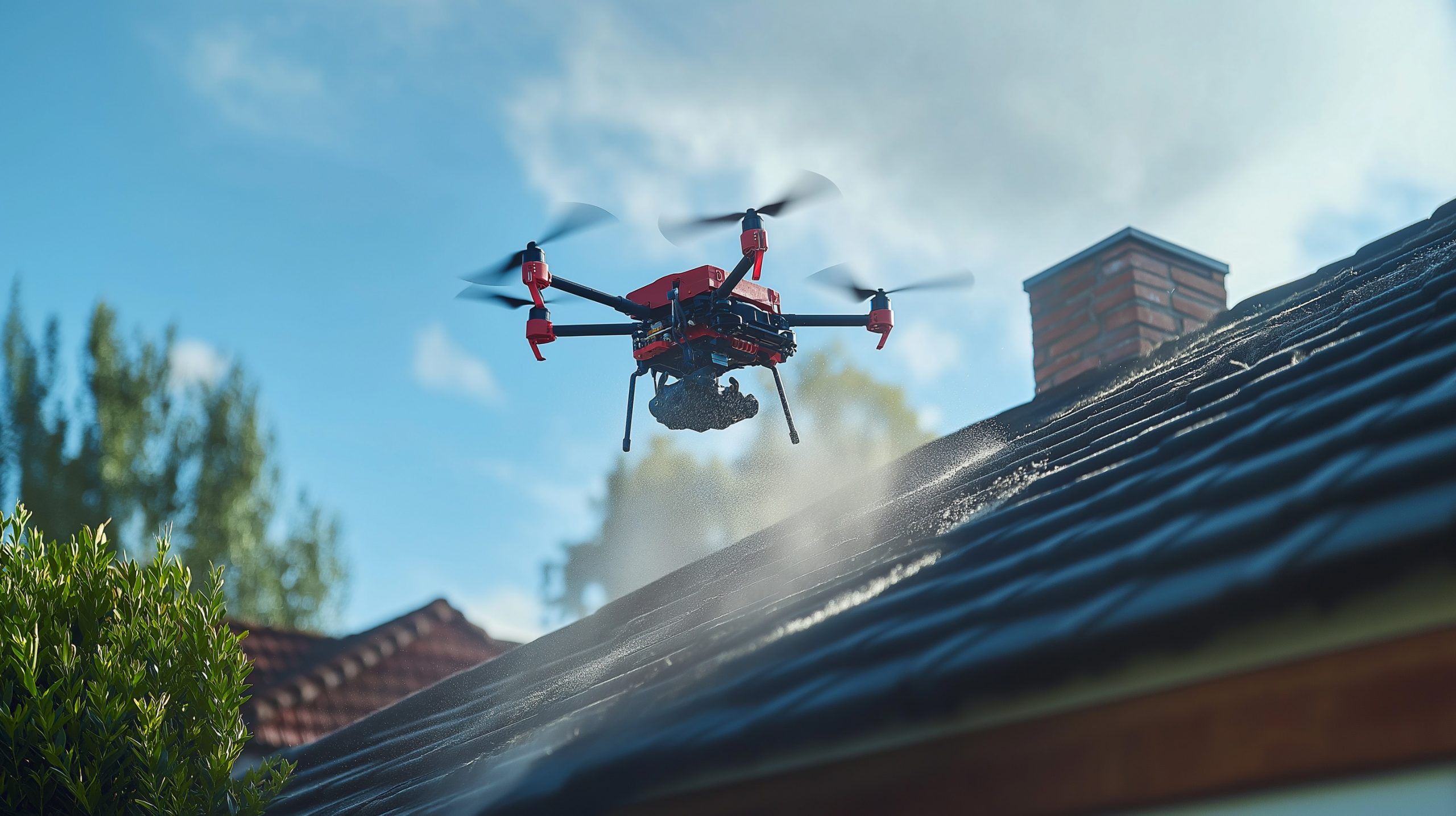Un drone qui nettoie une toiture, vue du dessous